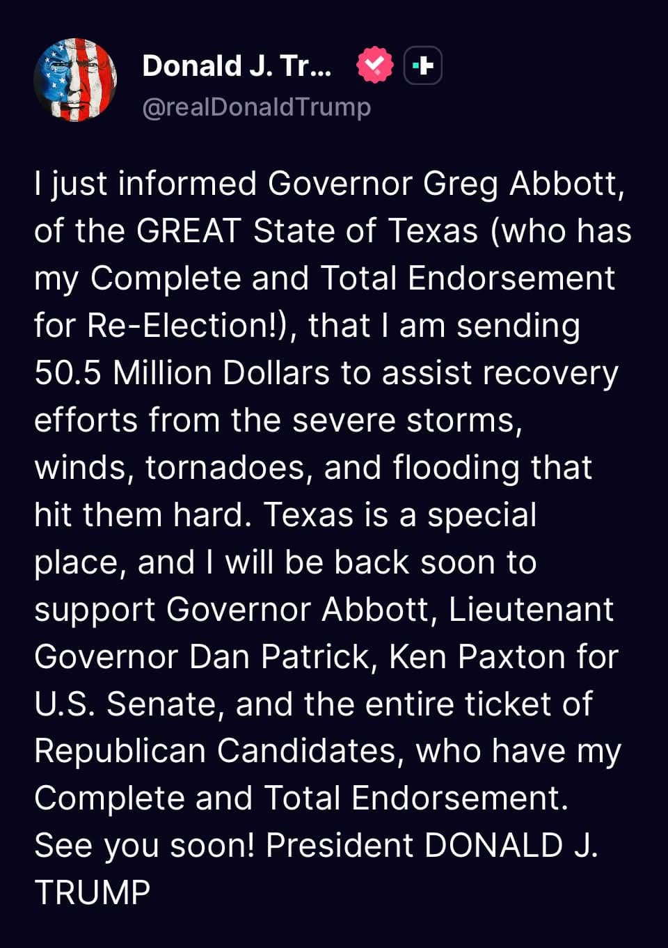 Trump says he's sending Texas $50.5 million for storm recovery — no word on what it covers – The Kerr County Lead